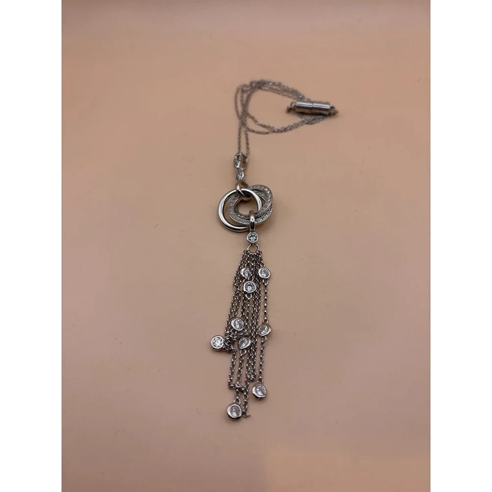 Silver CZ Tassel Fringe Necklace Pave Circle Pendant Magnetic Clasp Arthritis